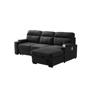 Lilola Home - Kaden Black Fabric Sleeper Sectional Sofa Chaise with Storage Arms and Cupholder - 89621
