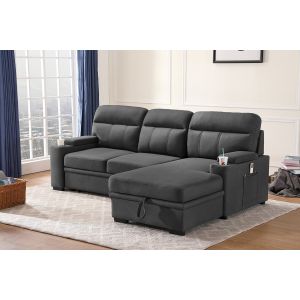 Lilola Home - Kaden Gray Fabric Sleeper Sectional Sofa Chaise with Storage Arms and Cupholder - 89620