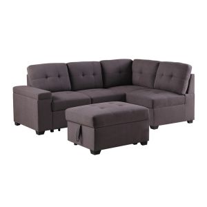 Lilola Home - Katie Brown Linen Sleeper Sectional Sofa with Storage Ottoman, Storage Arm - 89137