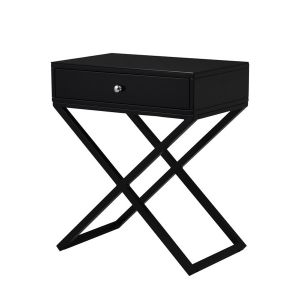 Lilola Home - Koda Black Wooden End Side Table Nightstand with Glass Top, Drawer and Metal Cross Base - 98002BK