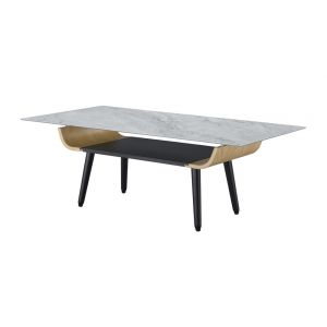 Lilola Home - Landon Coffee Table with Glass Gray Marble Texture Top and Bent Wood Design - 98019