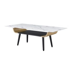 Lilola Home - Landon Coffee Table with Glass White Marble Texture Top and Bent Wood Design - 98017