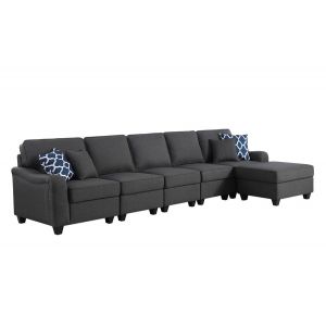 Lilola Home - Leo Dark Gray Linen 6 Seater Sofa and Ottoman - 89123-7