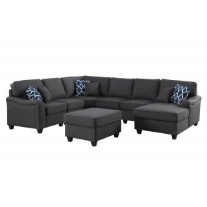 Lilola Home - Leo Dark Gray Linen 7Pc Modular L-Shape Sectional Sofa Chaise and Ottoman - 89123-1