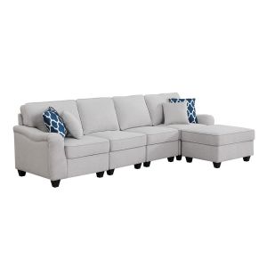 Lilola Home - Leo Light Gray Linen 5 Seater Sofa and Ottoman - 89121-8