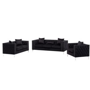Lilola Home - Lorreto Black Velvet Fabric Sofa Loveseat Chair Living Room Set - 89714