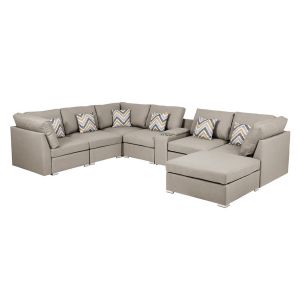 Lilola Home - Lucy Beige Fabric Reversible Modular Sectional Sofa with USB Console and Ottoman - 889820-6A