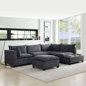 Lilola Home - Madison Dark Gray Fabric 6 Piece Modular Sectional Sofa with Ottoman and USB Storage Console Table - 81401-10