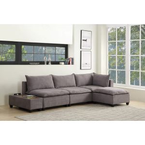 Lilola Home - Madison Light Gray Fabric 5 Piece Modular Sectional Sofa Ottoman with USB Storage Console Table - 81400-7