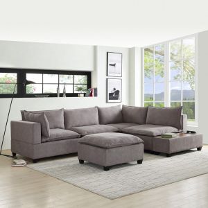 Lilola Home - Madison Light Gray Fabric 6 Piece Modular Sectional Sofa with Ottoman and USB Storage Console Table - 81400-10
