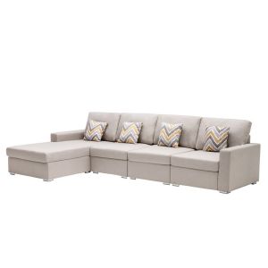 Lilola Home - Nolan Beige Linen Fabric 4Pc Reversible Sectional Sofa Chaise with Pillows and Interchangeable Legs - 89420-11A