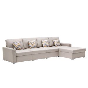 Lilola Home - Nolan Beige Linen Fabric 4Pc Reversible Sectional Sofa Chaise with Pillows and Interchangeable Legs - 89420-11B