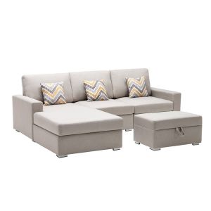 Lilola Home - Nolan Beige Linen Fabric 4Pc Reversible Sofa Chaise with Interchangeable Legs, Storage Ottoman, and Pillows - 89420-21A