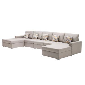 Lilola Home - Nolan Beige Linen Fabric 5Pc Double Chaise Sectional Sofa with Pillows and Interchangeable Legs - 89420-7