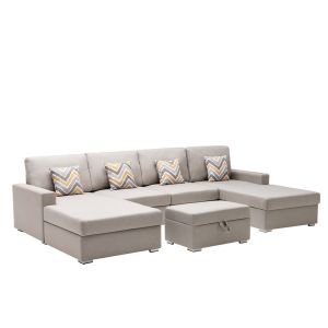 Lilola Home - Nolan Beige Linen Fabric 5Pc Double Chaise Sectional Sofa with Interchangeable Legs, Storage Ottoman, and Pillows - 89420-23