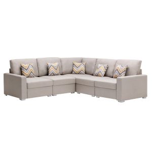 Lilola Home - Nolan Beige Linen Fabric 5Pc Reversible Sectional Sofa with Pillows and Interchangeable Legs - 89420-1