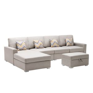 Lilola Home - Nolan Beige Linen Fabric 5Pc Reversible Sofa Chaise with Interchangeable Legs, Storage Ottoman, and Pillows - 89420-22A