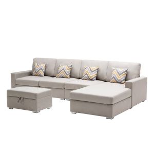 Lilola Home - Nolan Beige Linen Fabric 5Pc Reversible Sofa Chaise with Interchangeable Legs, Storage Ottoman, and Pillows - 89420-22B
