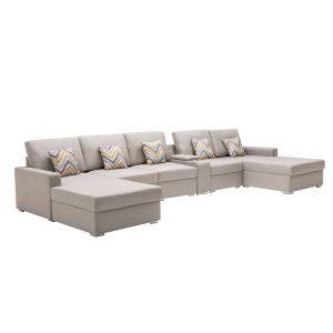 Lilola Home - Nolan Beige Linen Fabric 6Pc Double Chaise Sectional Sofa with Interchangeable Legs, a USB, Charging Ports, Cupholders, Storage Console Table and Pillows - 89420-6A