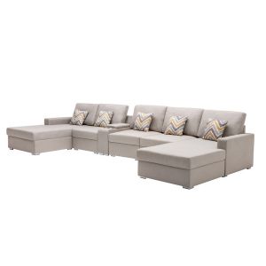 Lilola Home - Nolan Beige Linen Fabric 6Pc Double Chaise Sectional Sofa with Interchangeable Legs, a USB, Charging Ports, Cupholders, Storage Console Table and Pillows - 89420-6B