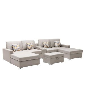 Lilola Home - Nolan Beige Linen Fabric 6Pc Double Chaise Sectional Sofa with Interchangeable Legs, Storage Ottoman, Pillows, and a USB, Charging Ports, Cupholders, Storage Console Table - 89420-25