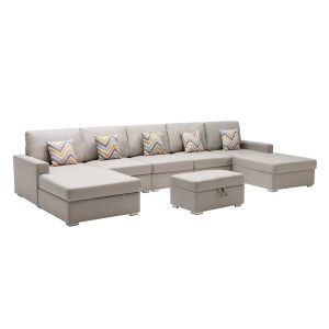 Lilola Home - Nolan Beige Linen Fabric 6Pc Double Chaise Sectional Sofa with Interchangeable Legs, Storage Ottoman, and Pillows - 89420-24