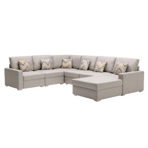 Lilola Home - Nolan Beige Linen Fabric 6Pc Reversible Chaise Sectional Sofa with Pillows and Interchangeable Legs - 89420-5A