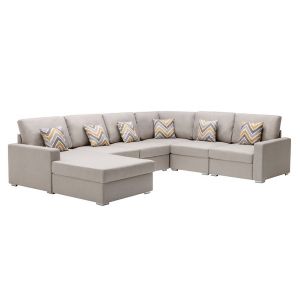 Lilola Home - Nolan Beige Linen Fabric 6Pc Reversible Chaise Sectional Sofa with Pillows and Interchangeable Legs - 89420-5B