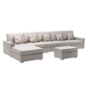 Lilola Home - Nolan Beige Linen Fabric 6Pc Reversible Sectional Sofa Chaise with Interchangeable Legs, Pillows and Storage Ottoman - 89420-27A