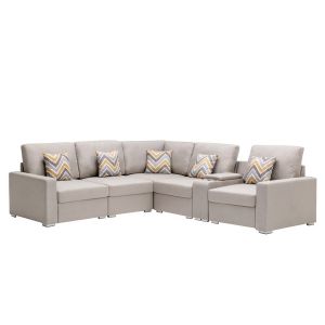 Lilola Home - Nolan Beige Linen Fabric 6Pc Reversible Sectional Sofa with a USB, Charging Ports, Cupholders, Storage Console Table and Pillows and Interchangeable Legs - 89420-2A