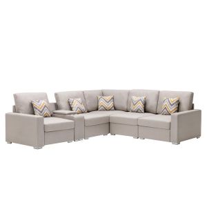 Lilola Home - Nolan Beige Linen Fabric 6Pc Reversible Sectional Sofa with a USB, Charging Ports, Cupholders, Storage Console Table and Pillows and Interchangeable Legs - 89420-2B