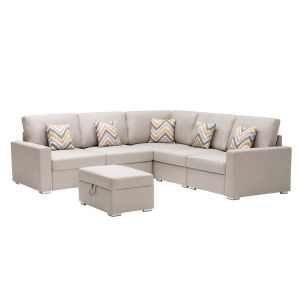 Lilola Home - Nolan Beige Linen Fabric 6Pc Reversible Sectional Sofa with Pillows, Storage Ottoman, and Interchangeable Legs - 89420-16