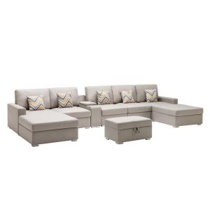 Lilola Home - Nolan Beige Linen Fabric 7Pc Double Chaise Sectional Sofa with Interchangeable Legs, Storage Ottoman, Pillows, and a USB, Charging Ports, Cupholders, Storage Console Table - 89420-26
