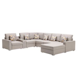 Lilola Home - Nolan Beige Linen Fabric 7Pc Reversible Chaise Sectional Sofa with a USB, Charging Ports, Cupholders, Storage Console Table and Pillows and Interchangeable Legs - 89420-3A