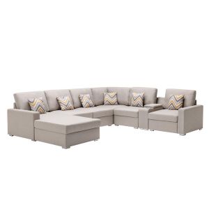 Lilola Home - Nolan Beige Linen Fabric 7Pc Reversible Chaise Sectional Sofa with a USB, Charging Ports, Cupholders, Storage Console Table and Pillows and Interchangeable Legs - 89420-3B