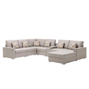 Lilola Home - Nolan Beige Linen Fabric 7Pc Reversible Chaise Sectional Sofa with a USB, Charging Ports, Cupholders, Storage Console Table and Pillows and Interchangeable Legs - 89420-4A
