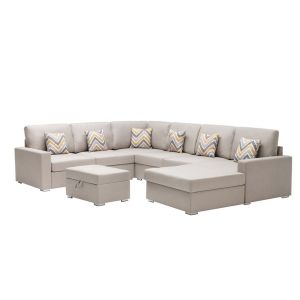 Lilola Home - Nolan Beige Linen Fabric 7Pc Reversible Chaise Sectional Sofa with Interchangeable Legs, Pillows and Storage Ottoman - 89420-20A