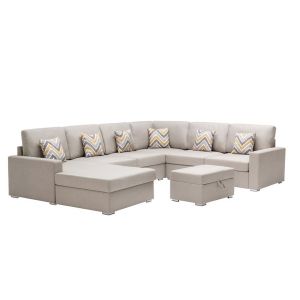 Lilola Home - Nolan Beige Linen Fabric 7Pc Reversible Chaise Sectional Sofa with Interchangeable Legs, Pillows and Storage Ottoman - 89420-20B