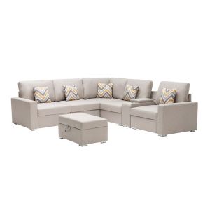 Lilola Home - Nolan Beige Linen Fabric 7Pc Reversible Sectional Sofa with Interchangeable Legs, Pillows, Storage Ottoman, and a USB, Charging Ports, Cupholders, Storage Console Table - 89420-17A