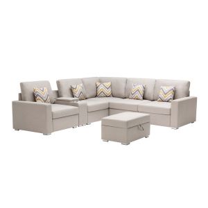 Lilola Home - Nolan Beige Linen Fabric 7Pc Reversible Sectional Sofa with Interchangeable Legs, Pillows, Storage Ottoman, and a USB, Charging Ports, Cupholders, Storage Console Table - 89420-17B