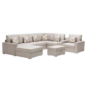 Lilola Home - Nolan Beige Linen Fabric 8Pc Reversible Chaise Sectional Sofa with Interchangeable Legs, Pillows, Storage Ottoman, and a USB, Charging Ports, Cupholders, Storage Console Table - 89420-18B
