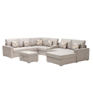 Lilola Home - Nolan Beige Linen Fabric 8Pc Reversible Chaise Sectional Sofa with Interchangeable Legs, Pillows, Storage Ottoman, and a USB, Charging Ports, Cupholders, Storage Console Table - 89420-19A