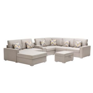 Lilola Home - Nolan Beige Linen Fabric 8Pc Reversible Chaise Sectional Sofa with Interchangeable Legs, Pillows, Storage Ottoman, and a USB, Charging Ports, Cupholders, Storage Console Table - 89420-19B