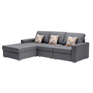 Lilola Home - Nolan Gray Linen Fabric 3Pc Reversible Sectional Sofa Chaise with Pillows and Interchangeable Legs - 89425-12A