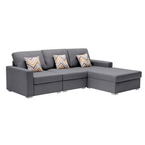 Lilola Home - Nolan Gray Linen Fabric 3Pc Reversible Sectional Sofa Chaise with Pillows and Interchangeable Legs - 89425-12B