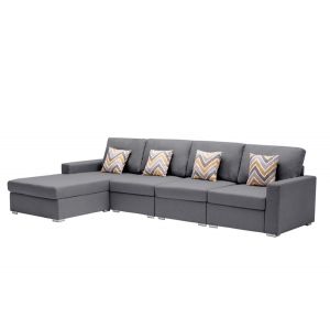 Lilola Home - Nolan Gray Linen Fabric 4Pc Reversible Sectional Sofa Chaise with Pillows and Interchangeable Legs - 89425-11A