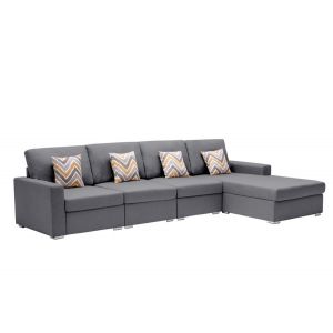 Lilola Home - Nolan Gray Linen Fabric 4Pc Reversible Sectional Sofa Chaise with Pillows and Interchangeable Legs - 89425-11B