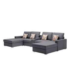 Lilola Home - Nolan Gray Linen Fabric 5Pc Double Chaise Sectional Sofa with Interchangeable Legs, a USB, Charging Ports, Cupholders, Storage Console Table and Pillows - 89425-8