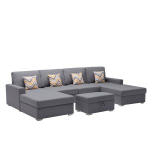 Lilola Home - Nolan Gray Linen Fabric 5Pc Double Chaise Sectional Sofa with Interchangeable Legs, Storage Ottoman, and Pillows - 89425-23