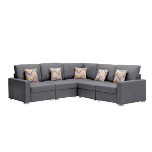 Lilola Home - Nolan Gray Linen Fabric 5Pc Reversible Sectional Sofa with Pillows and Interchangeable Legs - 89425-1